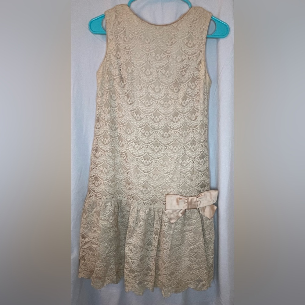 Parc Jrs Petite Vintage Lace Cream Satin dress Satin Bow dropped waist 60s